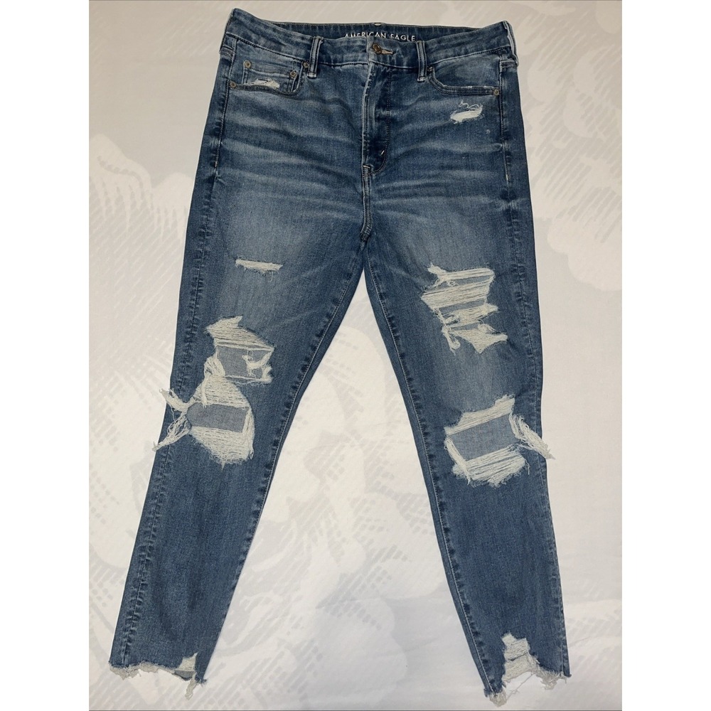 American Eagle High Rise Skinny Jeans Stretch Distressed Blue 14